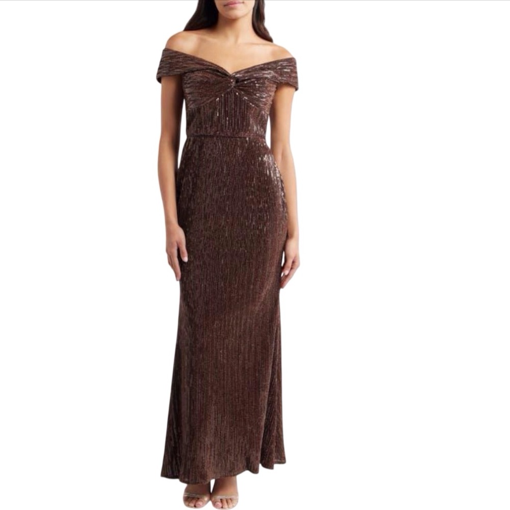 Eliza J Sequin Off The Shoulder Twist Cocktail Gown Chocolate Brown Size 12